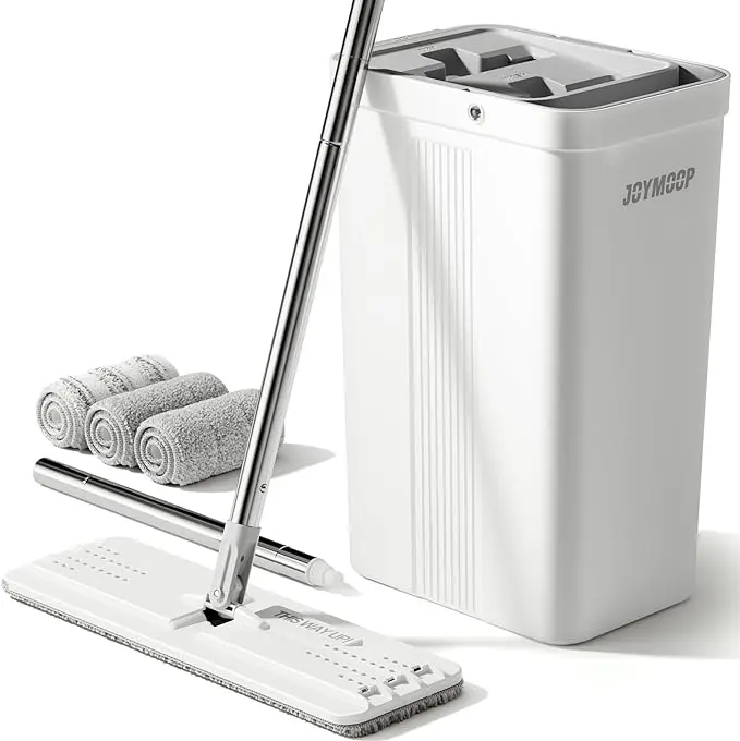 JOYMOOP Mop and Bucket with Reusable Microfiber Pads, Hands Free Flat Squeeze Mop with Wringer Set, Mop with Long Handle