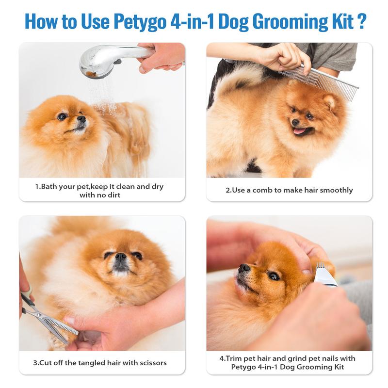 Petygo 4-in-1 Dog Grooming Kit with Nail Grinder & Dog Paw Trimmer, Low-Noise Rechargeable Cordless Electric Set for Dogs, Cats & Paw Pets
