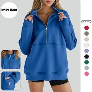 Imily Bela Women's Half Zip Sweatshirts Fleece Stand Collar Long Sleeve Thumb Hole Oversized Pullovers with Pockets