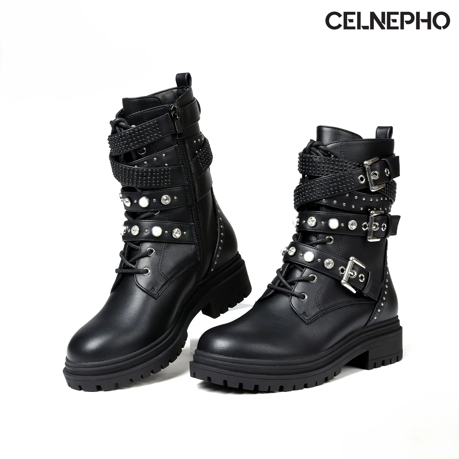 CELNEPHO Ankle Boots for Women Round Toe Gothic Combat Boots Durable Block Heel Platform Boot Side Zipper Closure Metal Buckle Fashionable Rhinestone Rivets Military Motorcycle Boots for Work Music Events Casual Party Dress Shoes Black