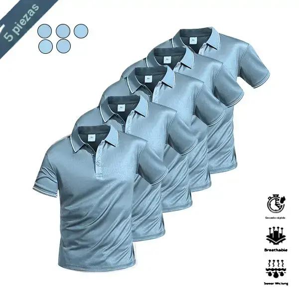 Five-piece men’s casual short-sleeve polo set—quick-dry golf and tennis shirts, comfortable riding wear, stylish men’s sportswear—ideal for casual gatherings, vacations, and travel; contrast color design at the neckline and cuffs. Five-piece men’s casual short-sleeve polo set—quick-dry golf and tennis shirts, comfortable riding wear, stylish men’s sportswear—ideal for casual gatherings, vacations, and travel; contrast color design at the neckline and cuffs.