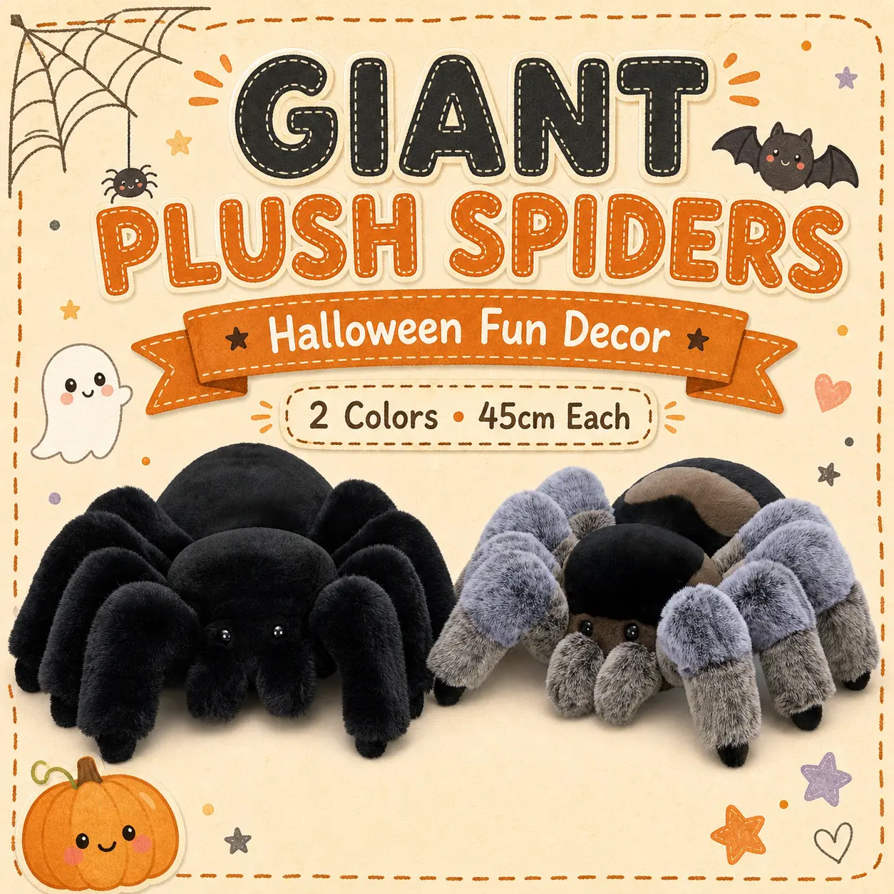 Tezituor 17.7in (45cm) Giant Fuzzy Plush Spider, Halloween Stuffed Toy Decoration for Home, Party Use