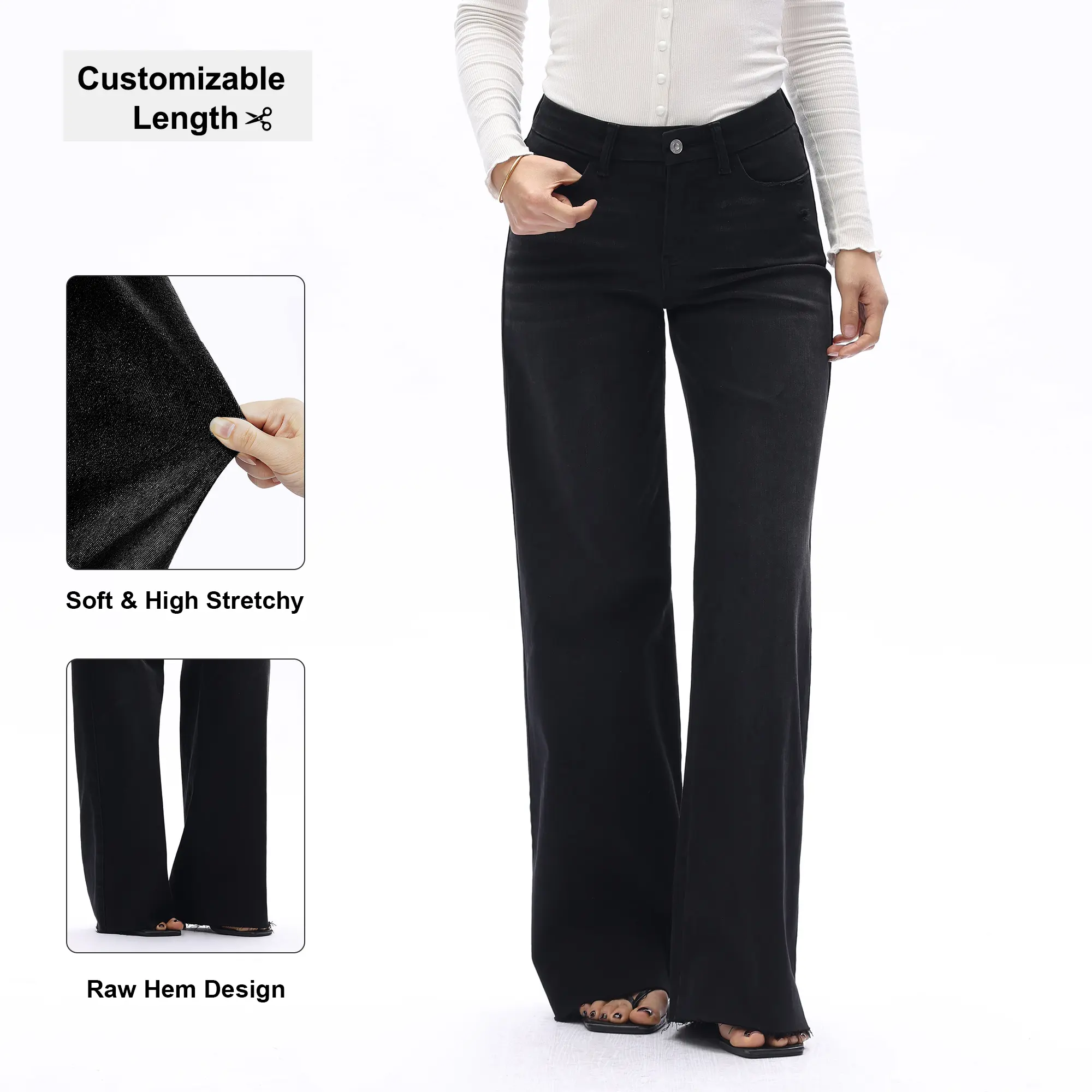Freya ONESO Women's Black Wide Leg Jeans Mid Rise Raw Hem Soft Denim Sleek Black Denim Chic Streetwear Party Night Casual Weekend Outfit Comfort Stretch Easy Pull-On Styling Soft Denim Feel Breathable Everyday Wear #SummerVibes