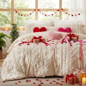 Bedsure Tufted Boho Decorative Bedding Set Comforter Boho Bed Set, Valentine's Day Gifts GentleSoft 3 Pieces Farmhouse Shabby Chic Embroidery Bedding, Soft Jacquard Comforter for All Seasons