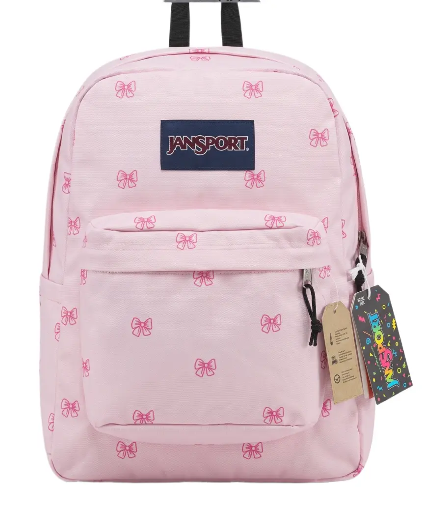 JanSport SuperBreak PlusFX Women Backpack, Pink With Embroidered Bows, 26L Casual School 15‑Inch Laptop Daypack for Teen Girls