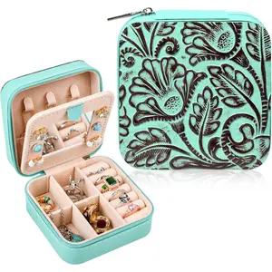 WesternJewelryBoxCaseRealLeatherTurquoiseandBrownEmbossedTooledTravelJewelryOrganizerGiftsChristmasGiftsforWomenCountryGirlsCowgirlStuffPortableTravelAccessories-Green