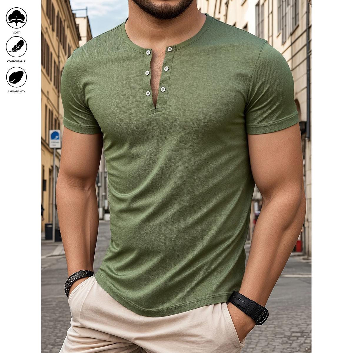 5pcs Men's Fine Pure Color Design Fashion Round Neck Short Sleeve Outdoor Sports Casual Henry Shirt