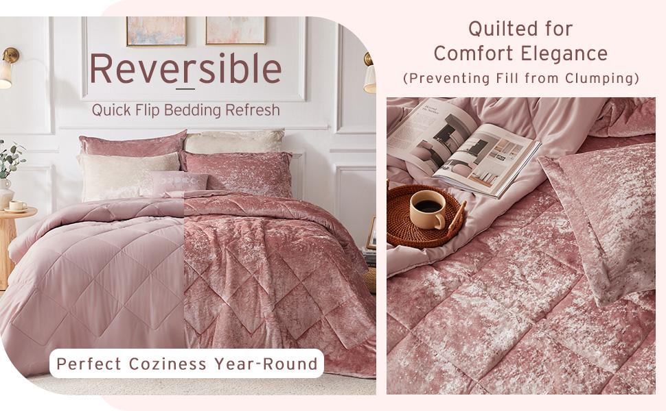 Luxe Comforter Velvet Lush Double Sided Diamond Quilting Modern All Season Bedding Set with Matching Sham,Decorative Pillow, Elowen