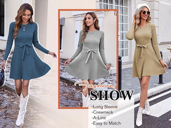 Women's Long Sleeve Dress Crewneck Pullover Sweaters A-Line Casual Swing Dress Bodycon Dress with Belt Thick Suitable for Fall and Winter