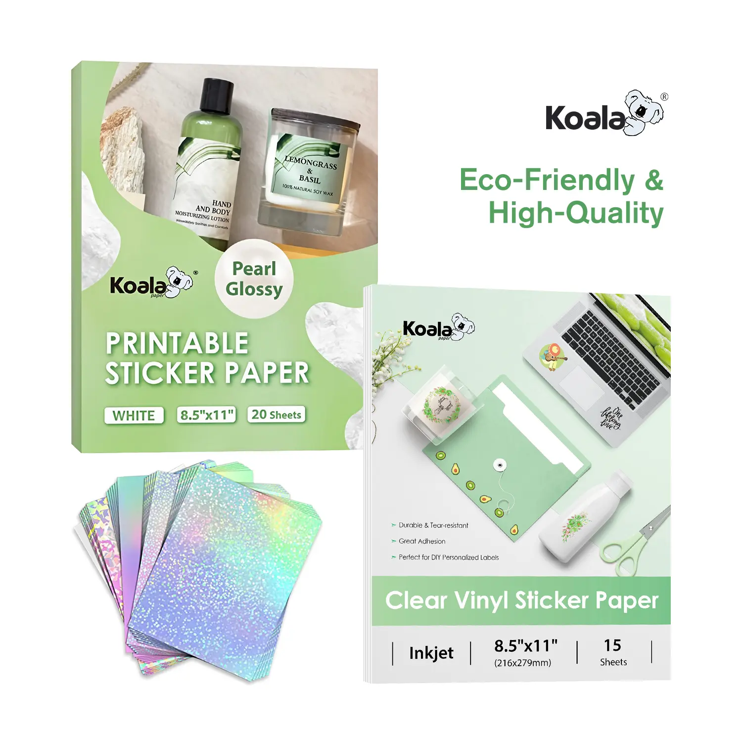Koala Sticker Paper Bundle: Pearl Glossy + Holographic Laminate + Clear Waterproof Vinyl for Inkjet & Laser DIY Crafts