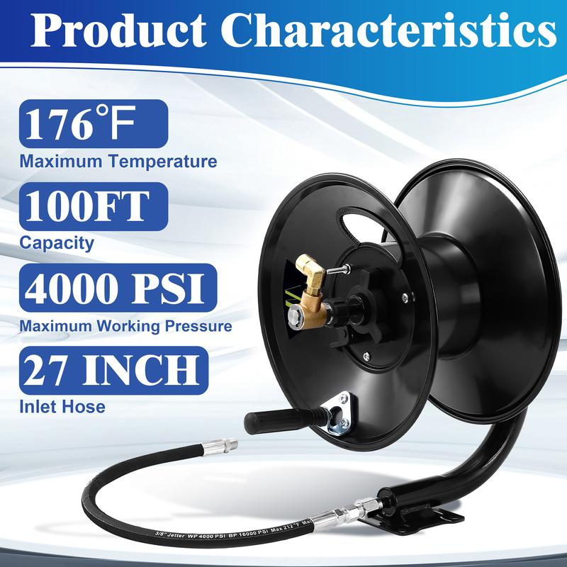 M MINGLE Pressure Washer Hose Reel 100 ft 3/8" NPT to M22 14mm Adapter, Heavy Duty Mounted Hose Reel for 100 ft 3/8" Power Wash Whip Hose 4000 PSI