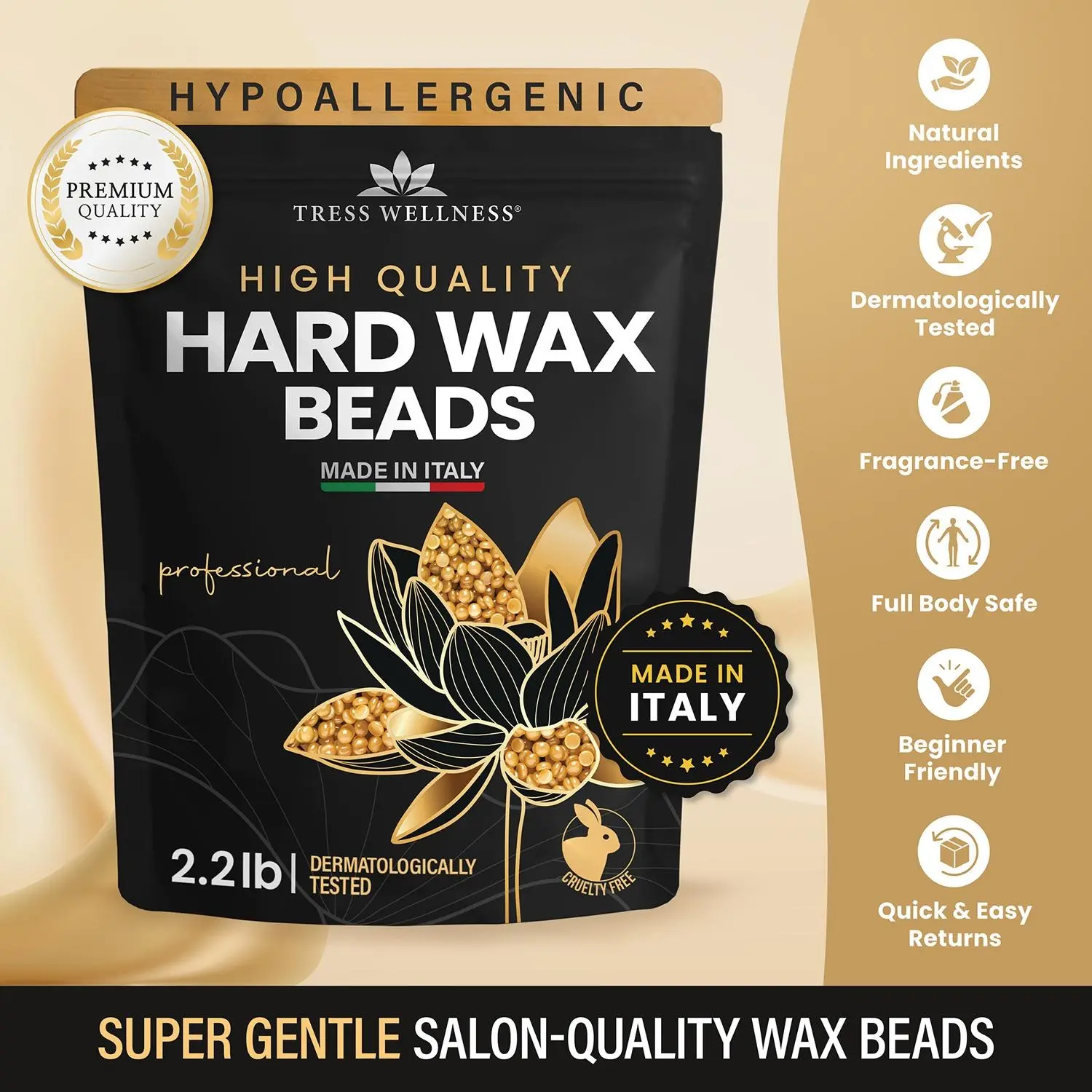 Hypoallergenic Hard Wax Beads for Home Waxing by Tress Wellness | Made for Sensitive Skin | Fragrance-Free | Made in Italy | Hair Removal Wax Beads