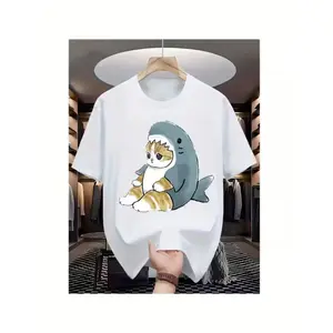 Men'S Casual Short Sleeve T-Shirt - Cute Cartoon Shark & Cat Print, Breathable Fabric, Comfortable Summer Streetwear, Round Neck