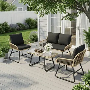 Costoffs 4-Piece Wicker Patio Conversation Set with Removable Cushion Covers and Steel Frame for Deck, Garden, and Backyard