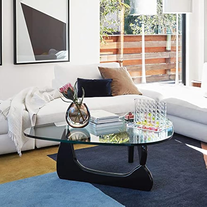 Mid-Century Modern Triangle Coffee Table - Walnut Solid Wood Pedestal, Transparent Glass Top, 36x25.6x16 in Low-Profile Minimalist Tea Table for Living Room Home Decor