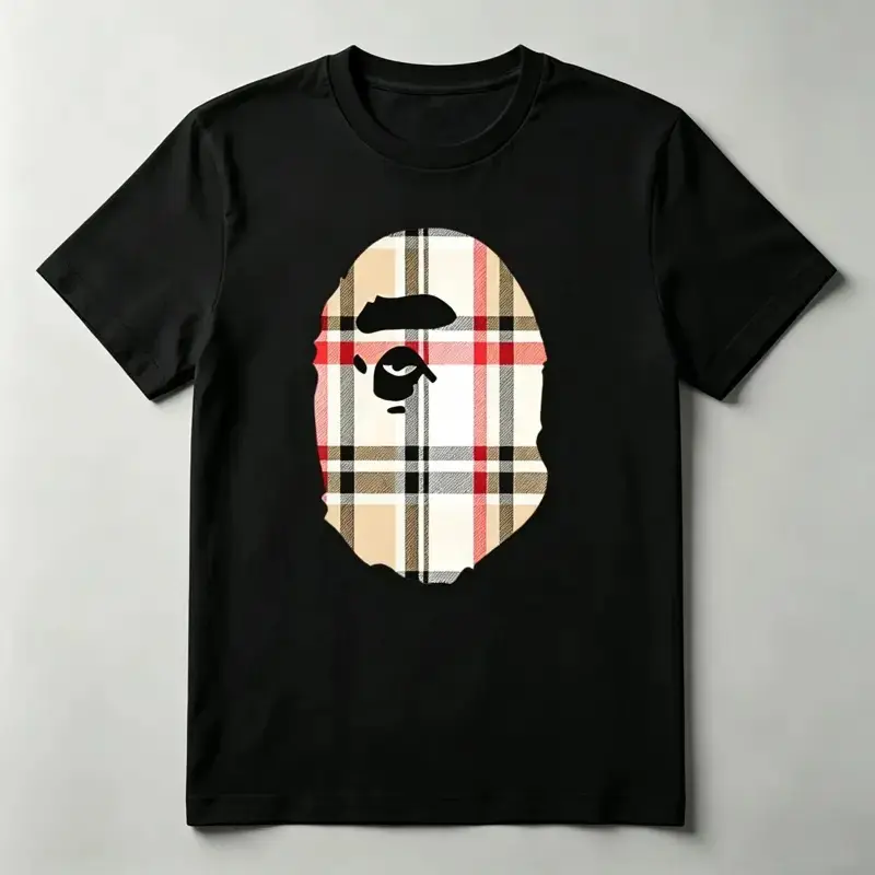 Houndstooth  Ape Primate Family Graphic T-Shirt, Retro Monkey Head Y2K Streetwear Tee, Unisex Crew Neck Short Sleeve Casual Shirt