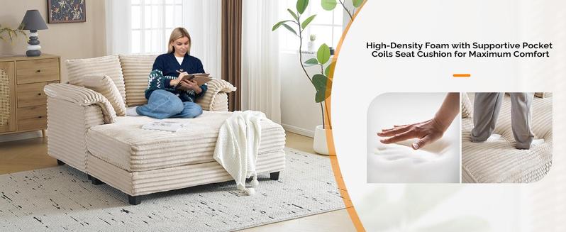 VINGLI 56" Oversized Chaise Lounge Chair, Comfy Corduroy Chaise Sofa Recliner Bed Upholstered Sleeper Couch Bed with Throw Pillows and Armrests for Living Room, Movie Room, Bedroom Upscale