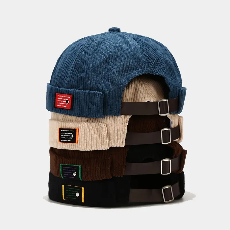 Unisex Corduroy Skull Cap Hat - Retro Brimless Sailor Beanie with Rolled Edges, Corduroy Texture, Adjustable, Machine Washable, Casual Wear, Men's Accessories