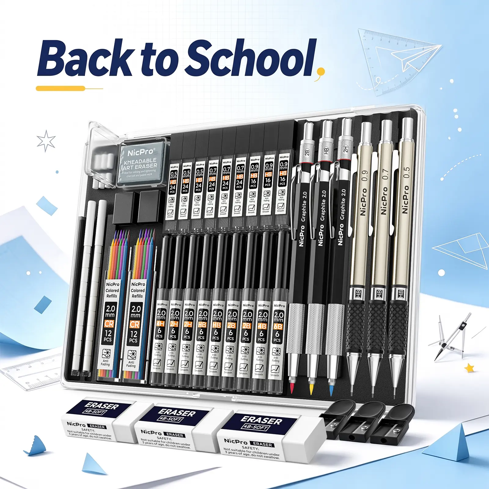 NicPro 6 Pack Art Mechanical Pencil Set with Refills, 3 Pack Metal Drafting Pencil 0.5 mm & 0.7 mm & 0.9 mm & 3 Pack 2mm Lead Holder (6B 4B 2B HB 2H 4H Colors),back to school,back to school shopping,back to school,back to school haul