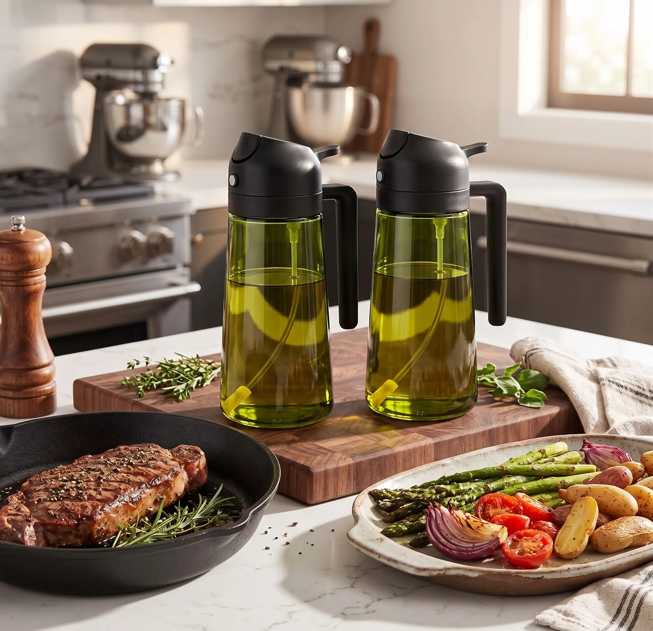 2 in 1 Oil Sprayer & Dispenser 16oz/470ml, Light-Blocking Dark Green Glass Olive Oil Bottle, Food-Grade Oil Mister for Cooking, Air Fryer, BBQ, Baking, Salad