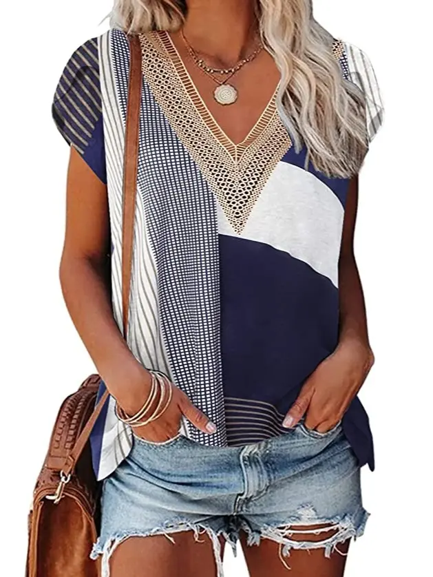 【Limited time deal】【Fast Shipping】[Flash Sale] ETCYY Woven Airflow V Neck Top (Size S-3XL) Women's Fashion Casual Comfy Short Sleeve Tee Blouses [Blowout Clearance]