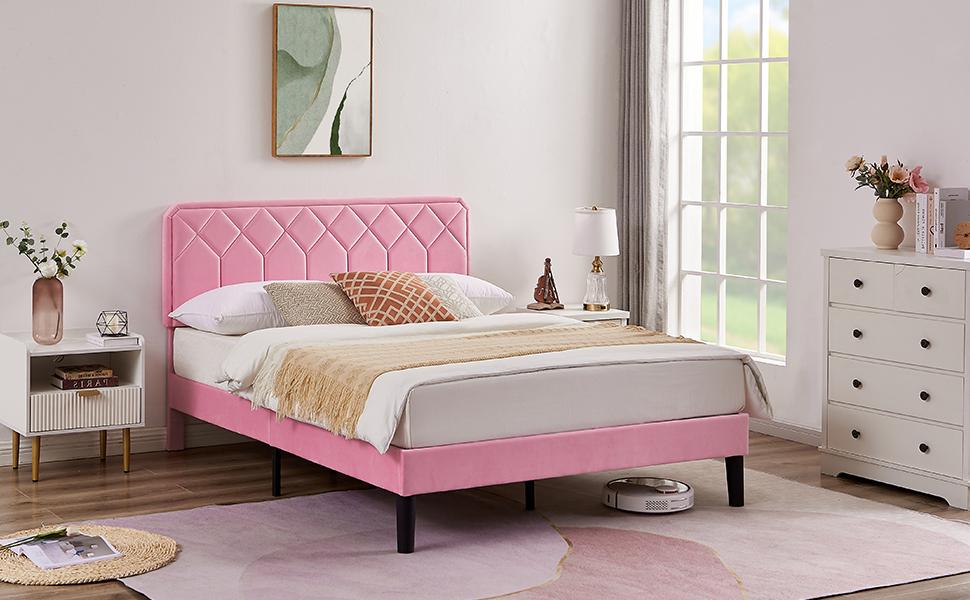 VECELO Upholstered Bed Frame Platform Queen Twin Full Size Bed with Velvet Headboard Strong Wooden Slats Noise-Free,No Box Spring Needed,Easy Assembly