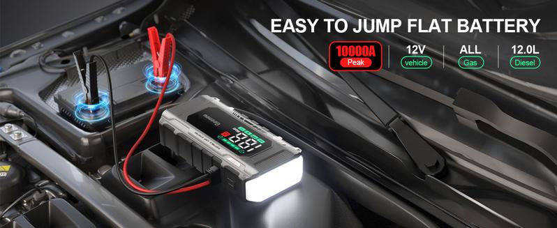 Car Jump Starter Power Pack 10000A Peak with PD 18W Fast Charging, Battery Jumper Starter Portable 12V Car Battery Charger Jump Box Booster Pack (All Gas/10L Diesel),Large Screen,150W DC, Lights