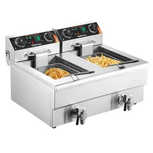 Commercial Deep Fryer, Dual Tank 3000W Electric Countertop Fryer with Basket, 2 x 11.6Qt/11L Double Stainless Steel Oil Fryer with Oil Filtration, Time & Temp Control, for Kitchen Restaurant Use