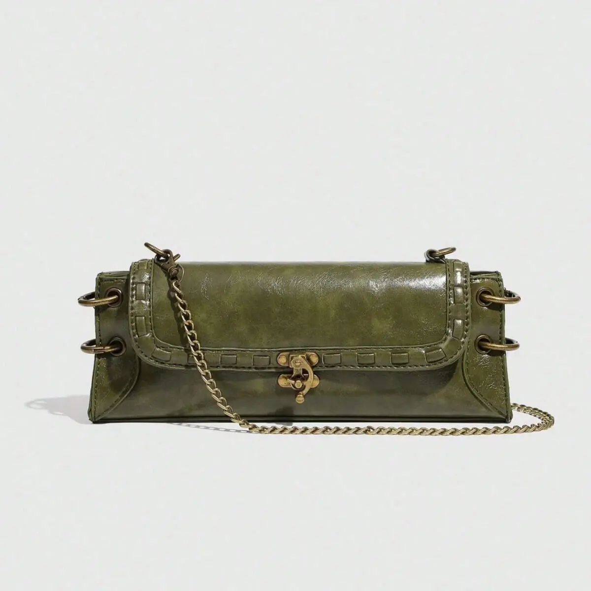 Baguette Shoulder Bag with Bronze-Tone Chain, Women's Elegant Vintage Crossbody Purse for Casual Street, Party, and Evening Wear, Retro