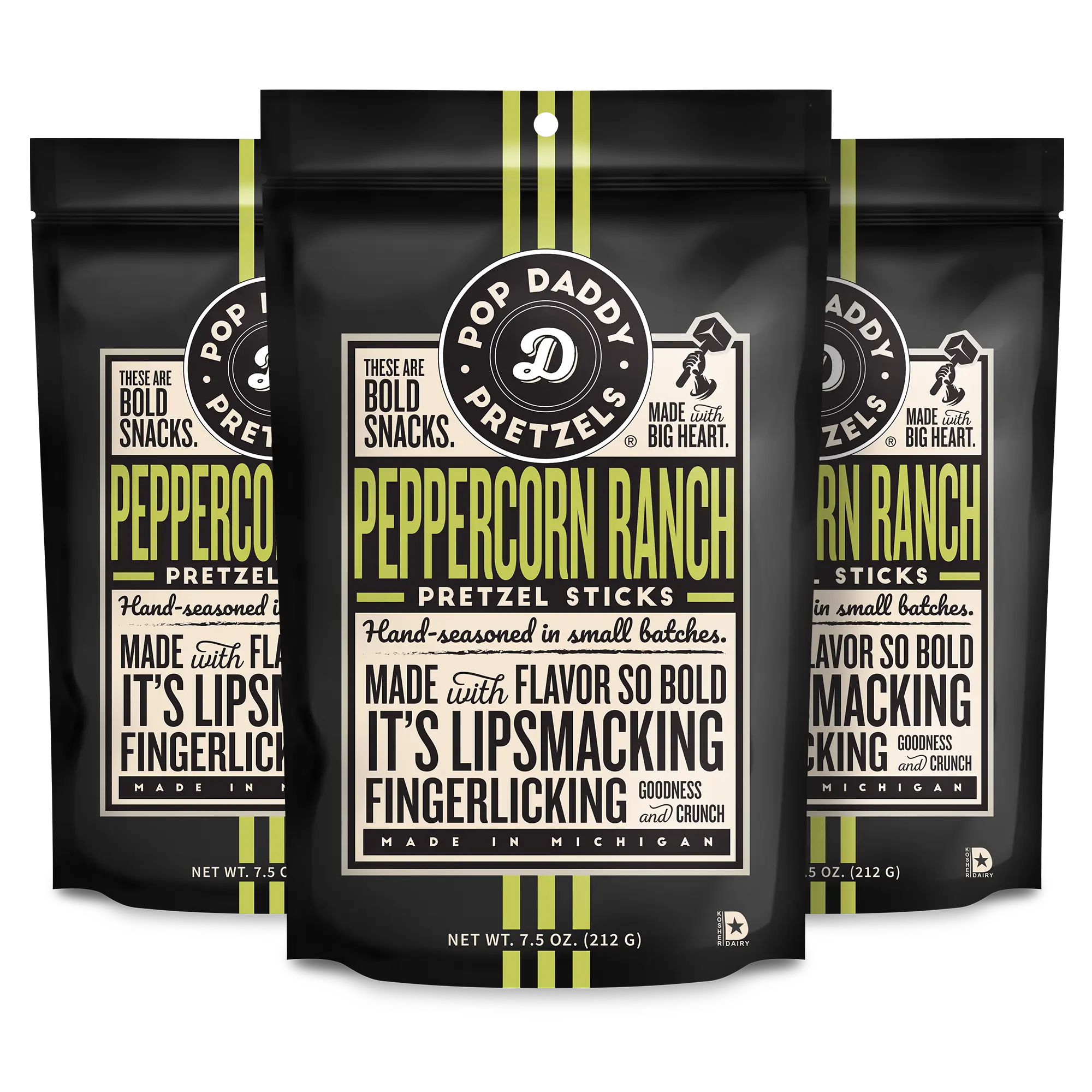 Pop Daddy Flavored Pretzels Sticks | Healthy Gourmet Pretzels Snacks | 7.5oz Individual Bags | 3 Pack | Peppercorn Ranch
