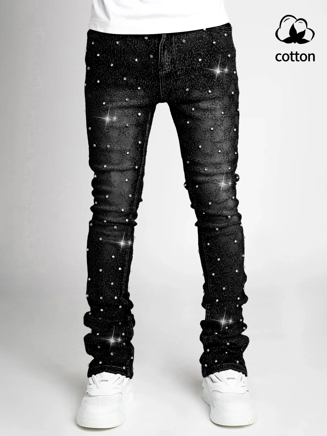 Men's Rhinestone Denim Jeans High Waist Straight Leg Fit Shiny Stretch Hip Hop Skateboarding Rap Dance Street Style All Seasons Menswear Tops Embellished Slim-Fit Streetwear Black xxl 44 skinny jeans bootcut jeans men