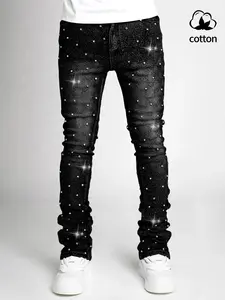 Men's Rhinestone Denim Jeans High Waist Straight Leg Fit Shiny Stretch Hip Hop Skateboarding Rap Dance Street Style All Seasons Menswear Tops