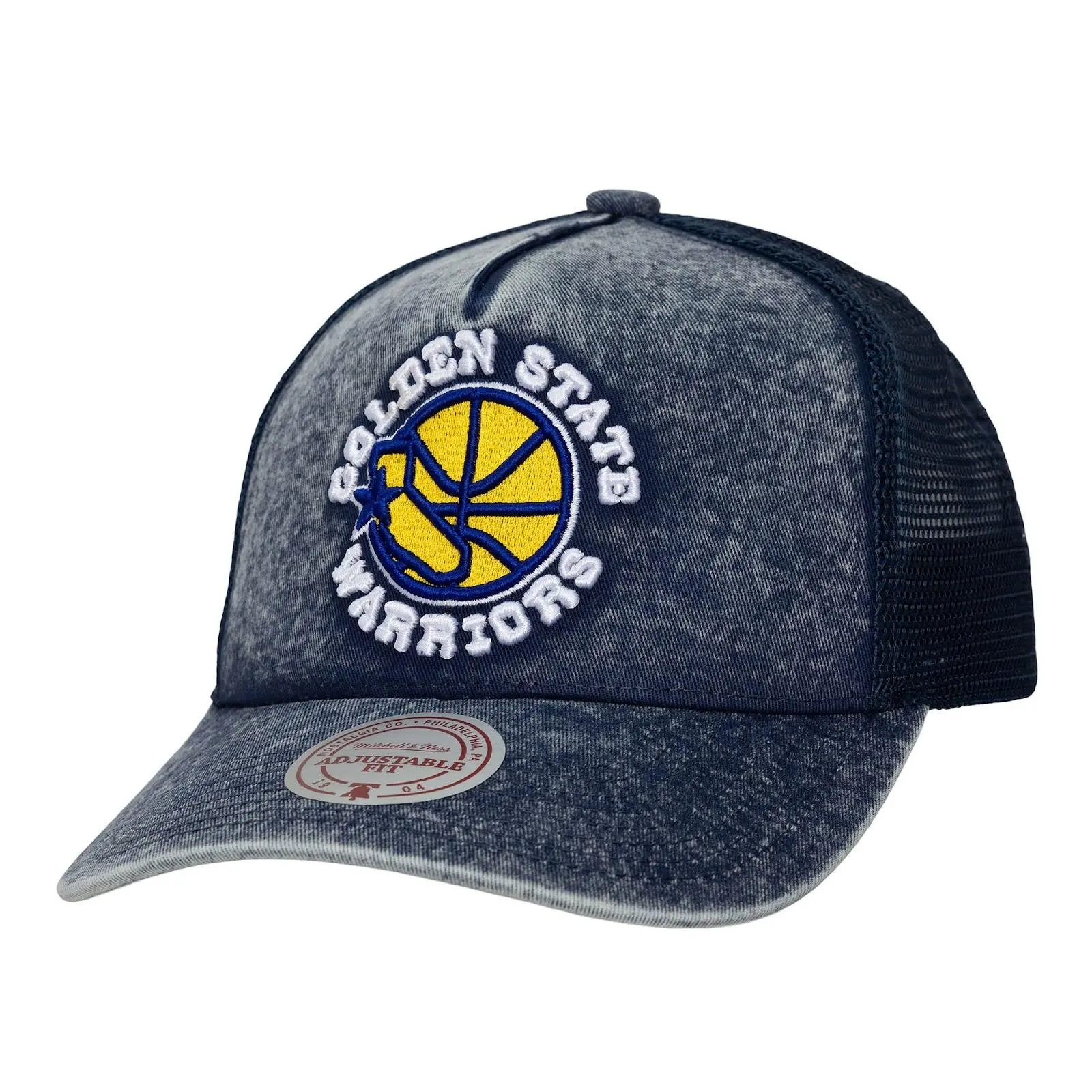 Mitchell & Ness Golden State Warriors Navy Hardwood Classics Gameday Trucker Hat - Adjustable Size, Cotton, Graphic Print, Casual Wear, Machine Wash