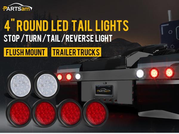 Partsam 6Pcs 4 Inch Round LED Trailer Tail Lights Kit - Round Led Stop Turn Tail Back-up Reverse Fog Lights 12 LED Include Lights Grommet 3-Prong Wire Pigtails for Truck Trailer RV(4 Red + 2 White)