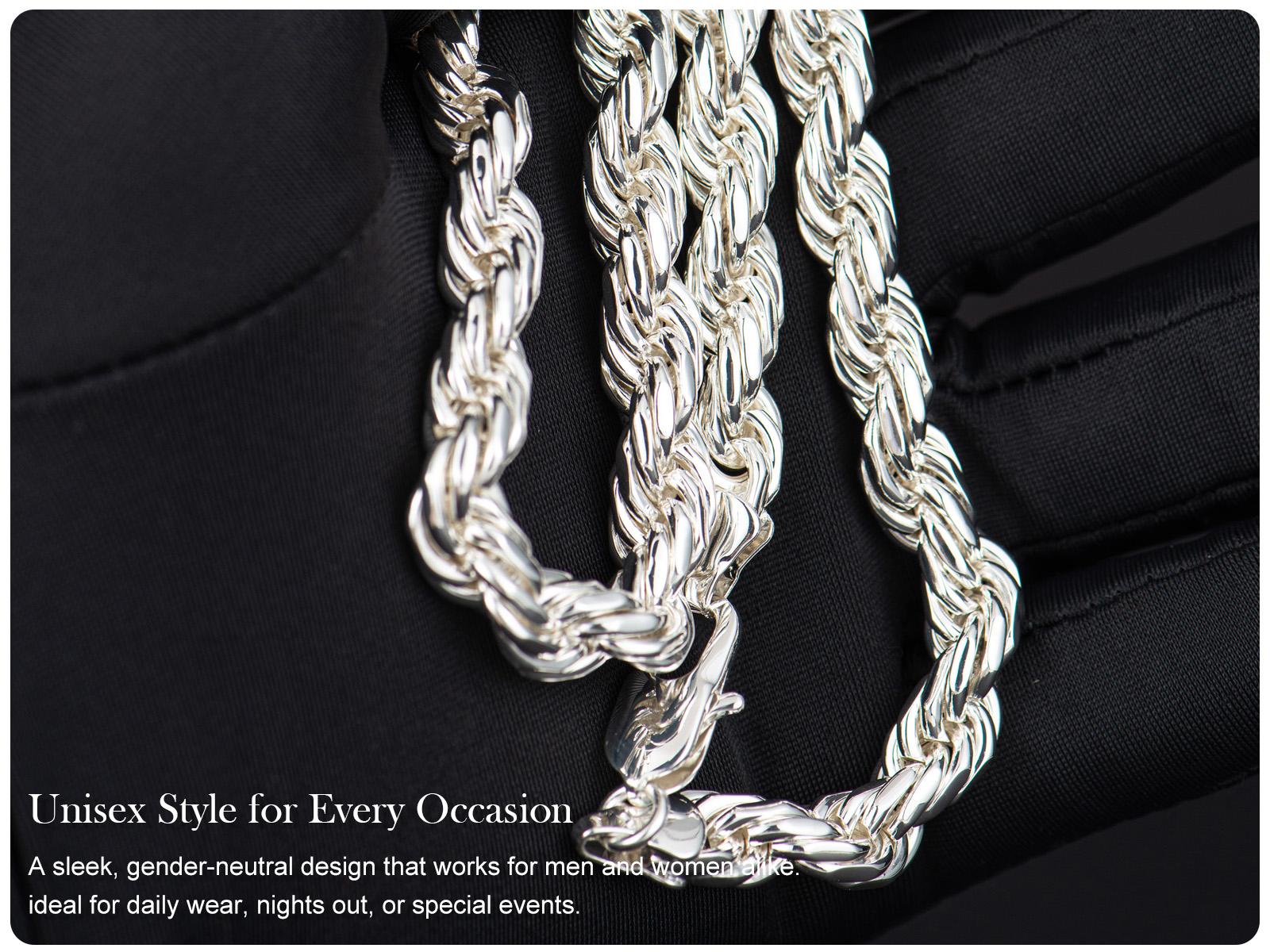 Pure Silver Plated Rope Chain ,10X Thicker Silver Coating with Nano Anti-Tarnish Layer, Hypoallergenic Flexible Soft Link Jewelry