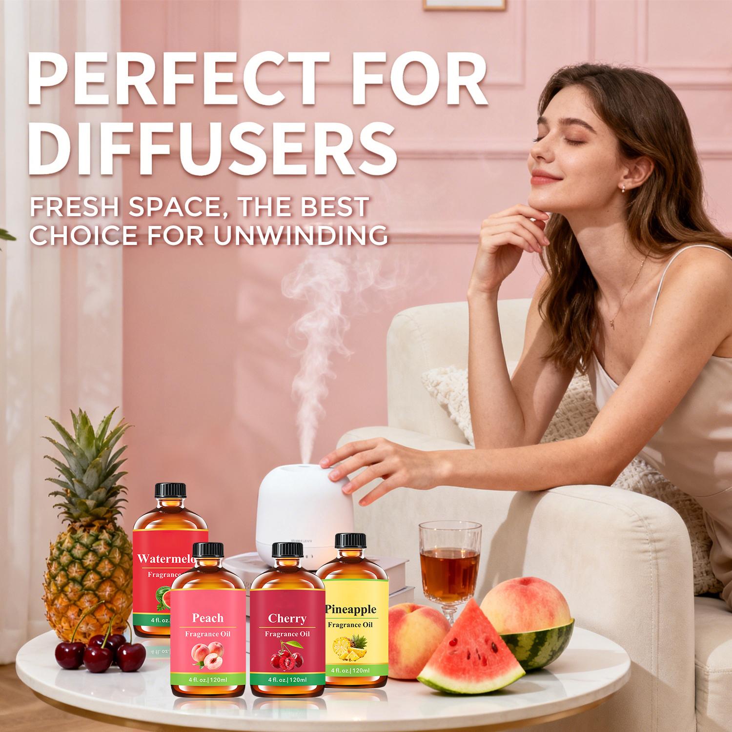 Natural Fruit Essential Oil -Pineapple, Peach, Watermelon & Cherry Sweet Fruity Scents- 120ML Big Bottle Aroma Oils For Humidifiers, Diffusers, Candles, Flavored Air - Massage Body Oil