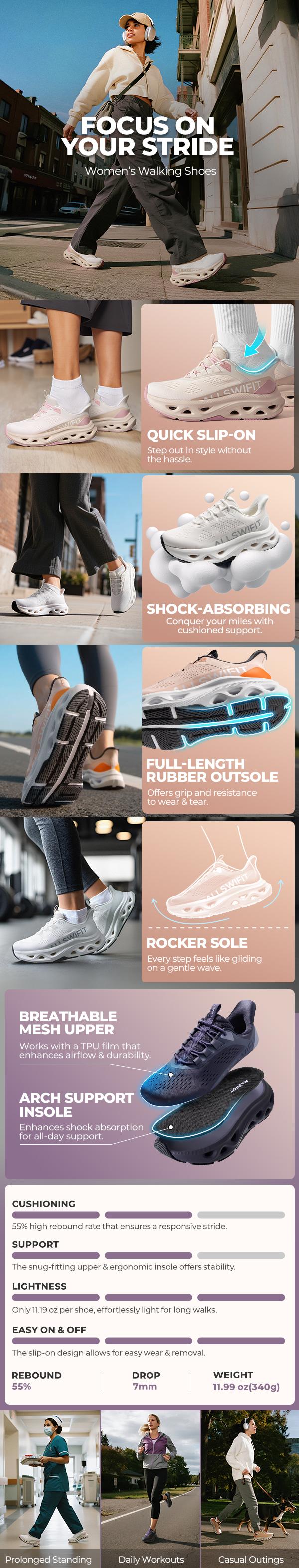 ALLSWIFIT Women's Slip On Walking Shoes Hands Free Non Slip Comfort Workout Gym Athletic Casual Breathable Running Tennis MoveSlide Fashion Sneakers