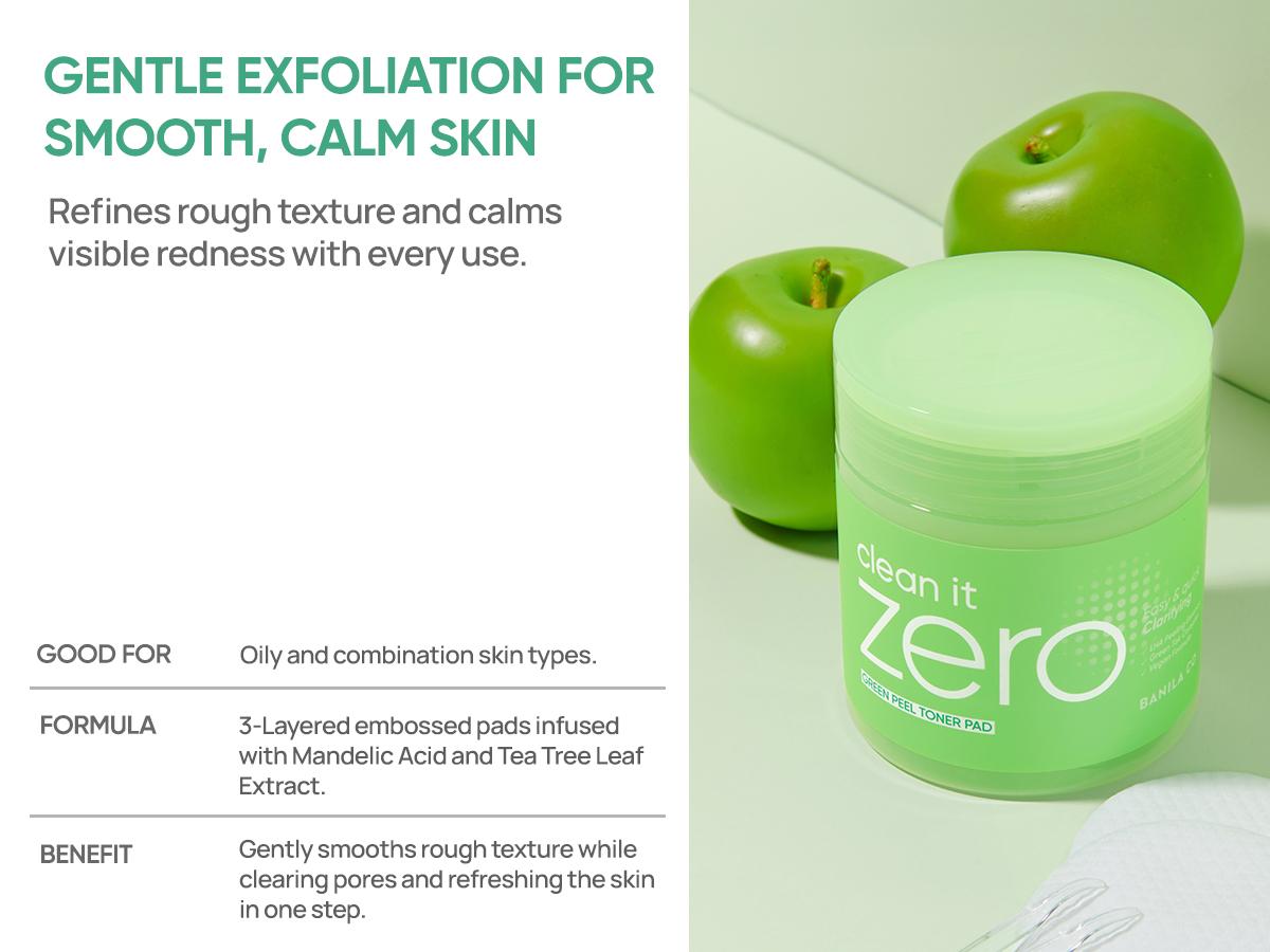 Banila Co Clean It Zero Green Peel Toner Pad - Vegan Dual Sided Toner Pad for Exfoliating Dead Skin Cells and Unclog Pores Skincare Smooth