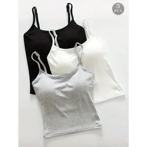 3pcsWomenPlainRibbedCamisoleWithPaddedBra,CasualSkinnyCropWomenswearPieceNightwearTopsComfortSleevelessSlimSpaghettiStrap