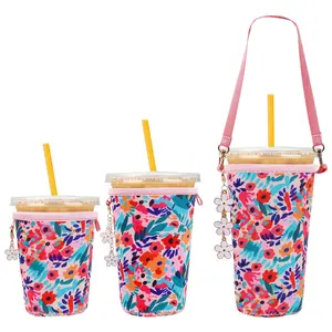 3PC Reusable Neoprene Iced Coffee Sleeve with Strap & Charms – Insulated Coffee Cup Sleeve | Reusable Coffee Sleeve, Neoprene Coffee Sleeve, Cold Drink Sleeve , sizes S/M/L