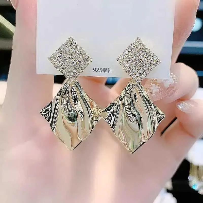 Luxe Full-Rhinestone Metal Diamond-Shaped Earrings Korean-Style Elegant Bold Geometric Drops Designer Silver-Post Ear Jewelry Studs HNAL28