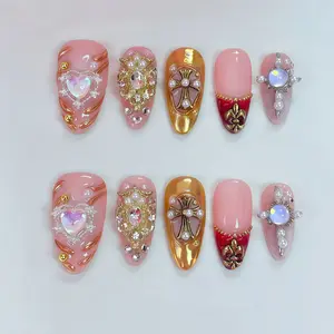 JC 2026 New Year Premium Luxury Almond Nail Art Decorations, Customized Heavy-Wear, Sparkling Bright, Pure Handmade, Autumn-Winter, Easy-to-Paste, Nails-Protecting, Protects Nails