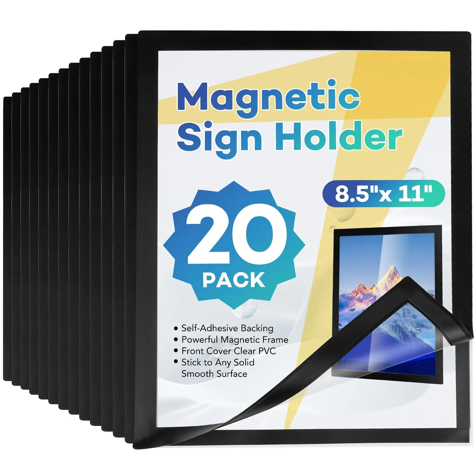 JOYWAYGO 20 Pack Magnetic Sign Holder, 8.5 x 11 Magnetic Paper Holder, Magnetic Self-Adhesive Document Holder, Clear PVC Poster Frame for Wall, Window, Office and Classroom