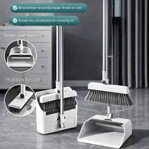 3-in-1 Broom & Dustpan Set With Hidden Brush | Self-Cleaning Comb Teeth | Long Handle Upright Cleaning Kit Garage, Kitchen, Lightweight, Plastic, Stainless, Sweep,