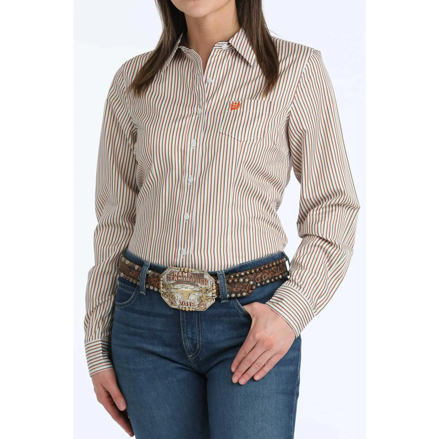 Cinch Women's Multicolor Stripe Button Down Tencel Shirt