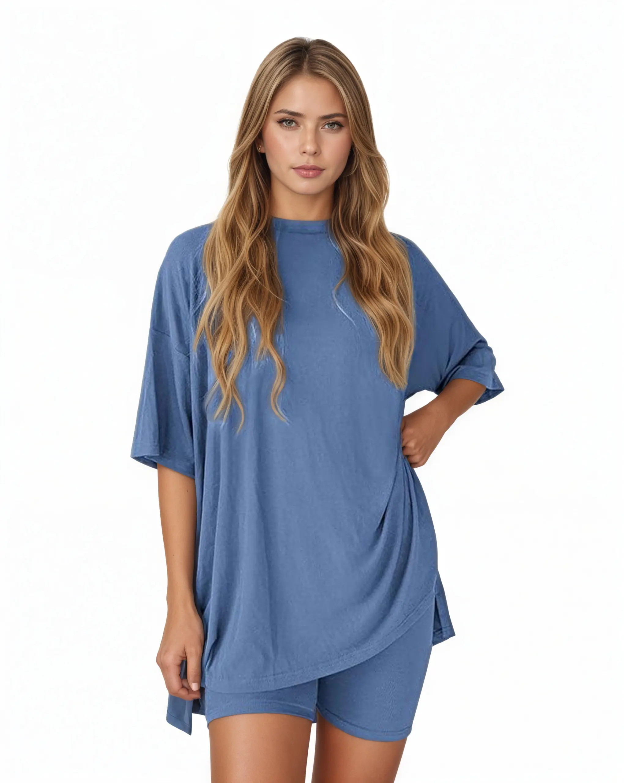 Crewneck Two-Piece Set For Women Summer Casual Oversized Split Hem Shirts & Side Pocket Biker Shorts Minimalist Lounge Wear Soft Viscose Fabric Comfy Homewear Cozy Pjs,