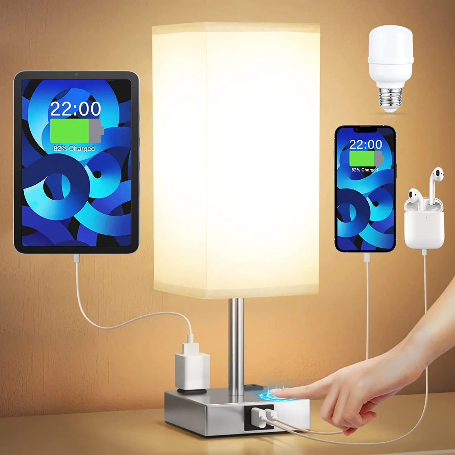 【Upgraded】Bedside Table Lamp Touch Control, with USB C+A Charging Ports & Dual AC Outlets, 3-Way Nightstand Lamp for Bedroom with Lampshade Living Room Office(Led Dimmable Bulb Included) aooshine