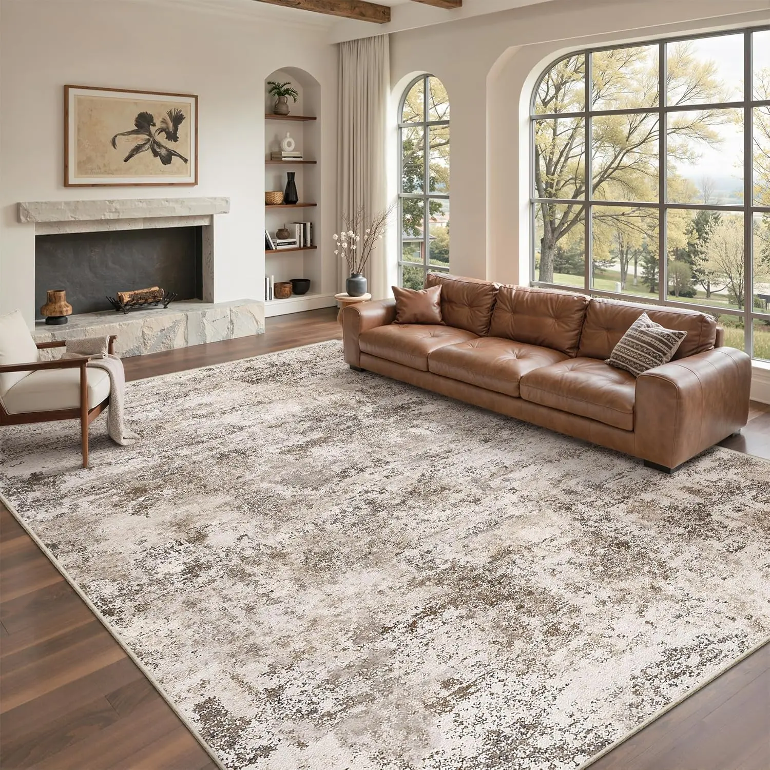 ComiComi Vintage Brown Boho 8' x 10' Rectangular Area Rug - 8x10 Ultra-Thin Abstract, Washable, Non-Slip, Stain-Resistant, Super Soft Low-Pile, for Living Room Decor, Bedroom Home Decorative Rug,back to school,dorm essentials,home essentials