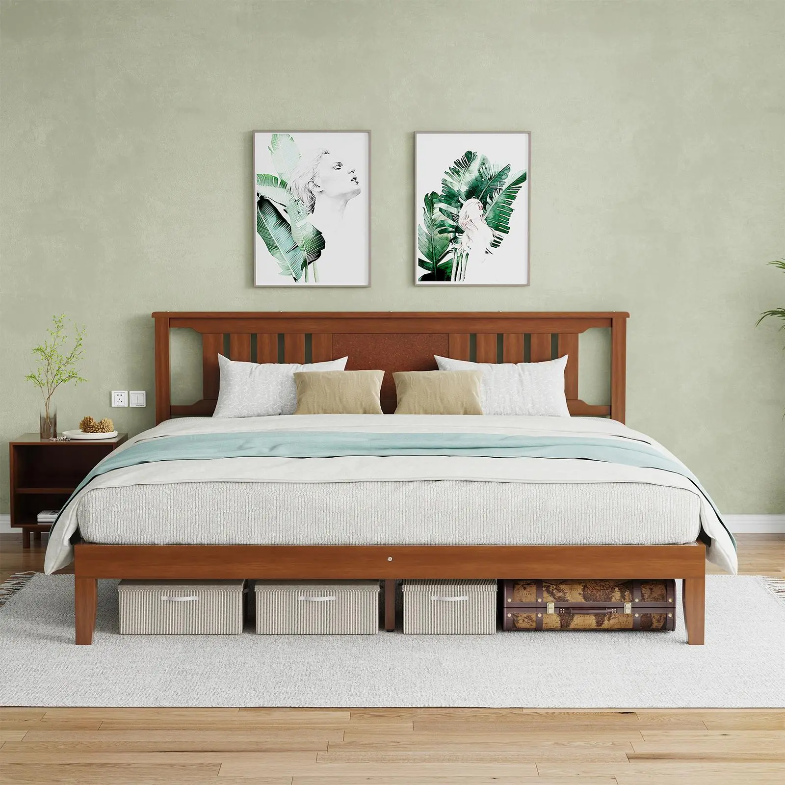 Mid Century Solid Wood Platform Bed with Headboard, Full Size Bed Frame with Wood Slat Support, No Box Spring Needed