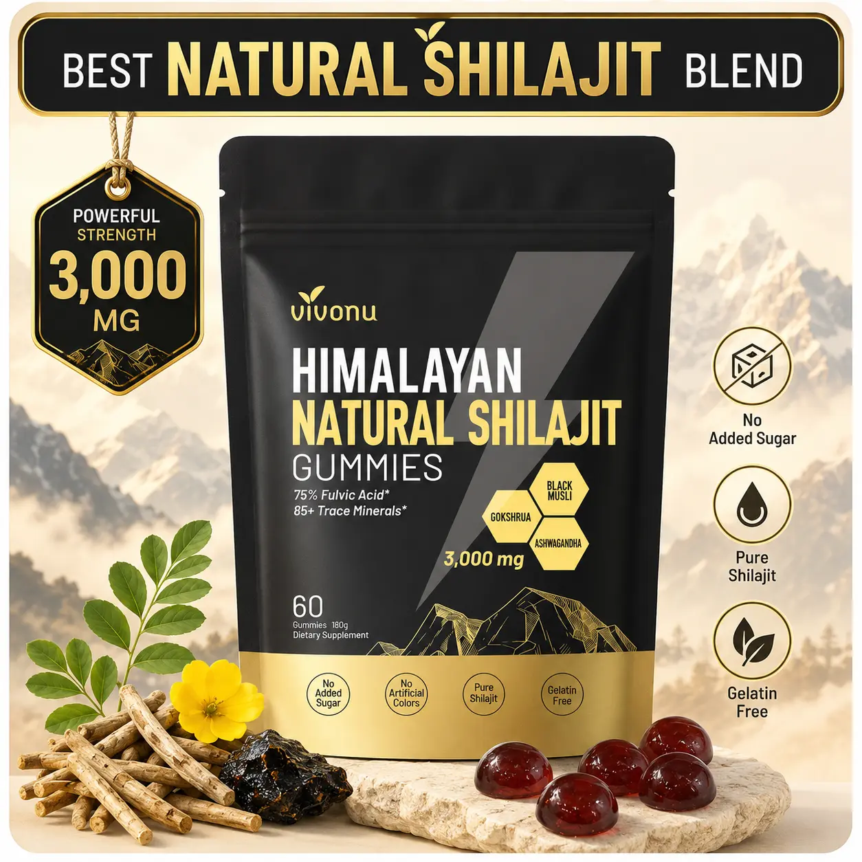 VivoNu   Himalayan Shilajit Gummies | Resin Formula, Organic Vitality Support, Traditional Energy & Strength Booster for Men | Natural Mineral |naturalenergy |menshealth SummerVibes,travel essentials